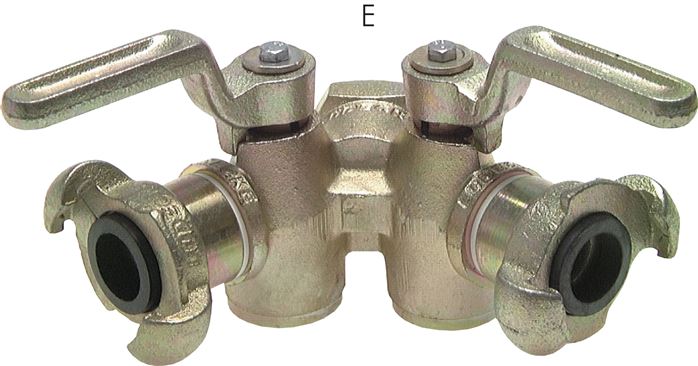 Exemplary representation: Double stopcock with compressor coupling, malleable cast iron